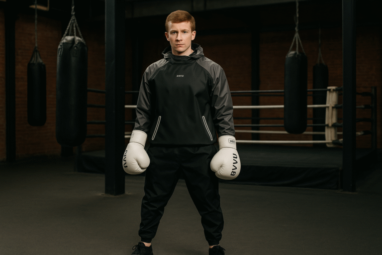 Bennett Carby in a sauna suit with boxing gloves